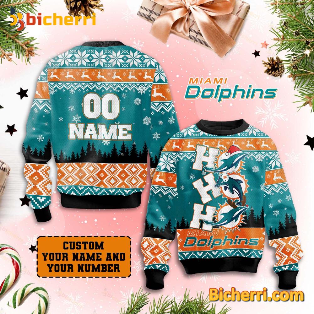 Miami Dolphins Ho Ho Ho Personalized Ugly Christmas Sweater