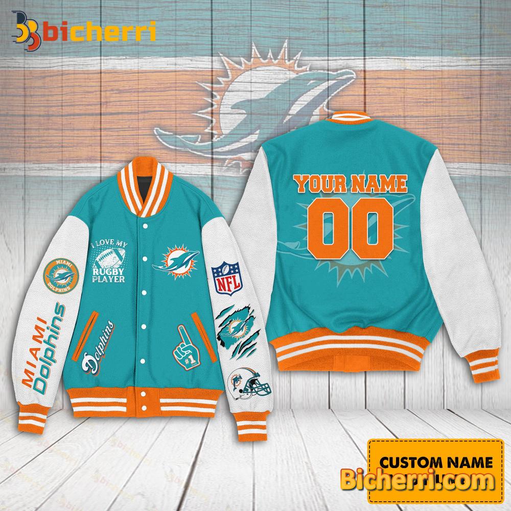 Miami Dolphins NFL I Love My Rugby Player Personalized Baseball Jacket