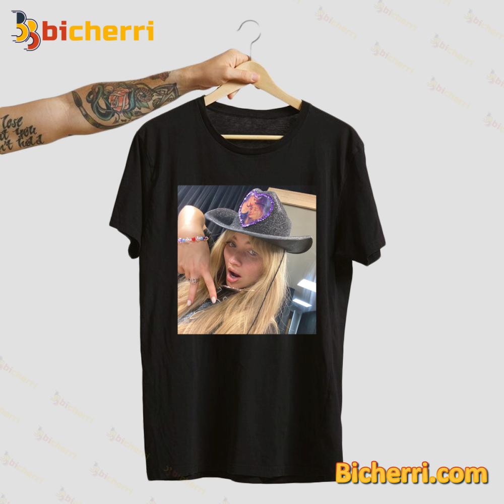 Sabrina Carpenter wears a hat with photo of her & Taylor shirt