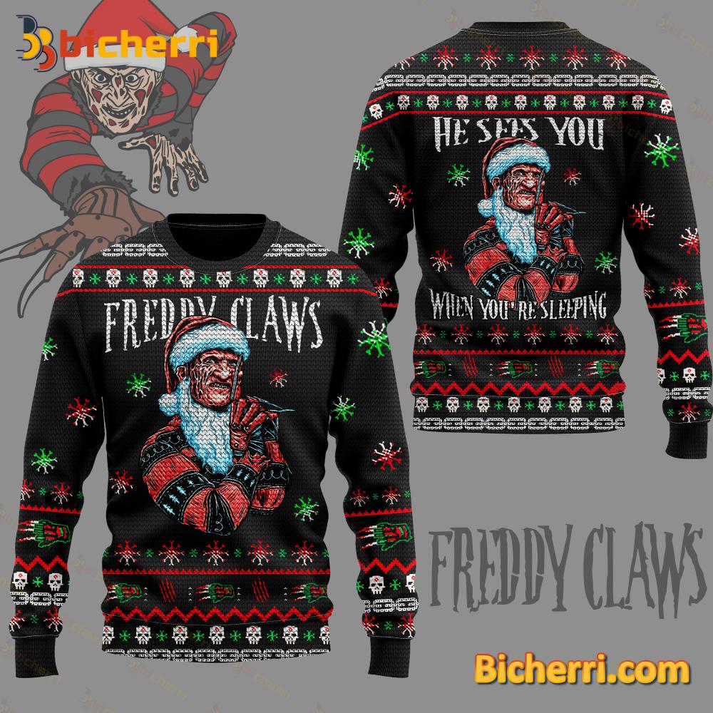 Freddy Claws He Sees You When You're Sleeping Ugly Christmas Sweater